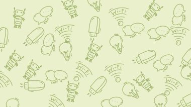 Canlandırılmış desen - el yapımı ampuller, Wi-Fi, robotlar, fikirleri ve teknolojiyi sembolize eden.