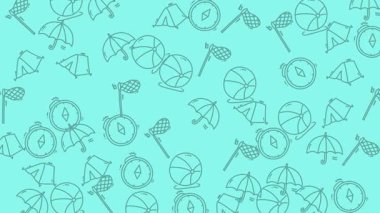 El çizimi yaz tatili ikonları, plaj şemsiyeleri, toplar ve çadırlarla hareketsiz desenler..