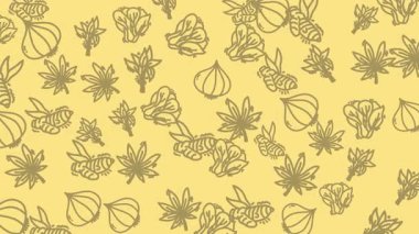 Sarımsak ve Yapraklı Sarımsak Yüzen El Tarlası Sarı Arkaplanda Animasyon Kalıbı.