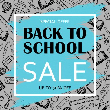 Back To School Sale Banner Background School Supplies Illustrations. School Supplies Drawings. School Themed Background. Blue And Grey Colors