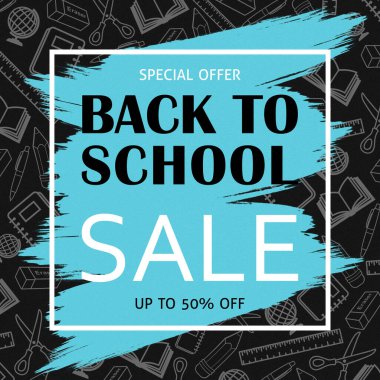 Back To School Sale Banner Background School Supplies Illustrations. School Supplies Drawings. School Themed Background. Blue And Grey Colors