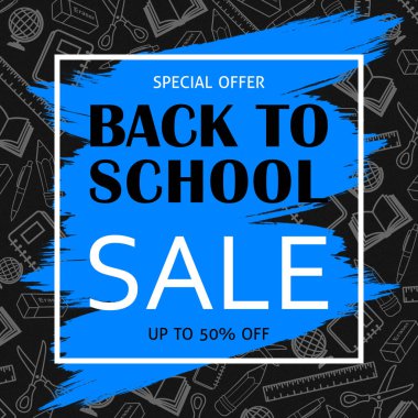 Back To School Sale Banner Background School Supplies Illustrations. School Supplies Drawings. School Themed Background. Blue And Grey Colors