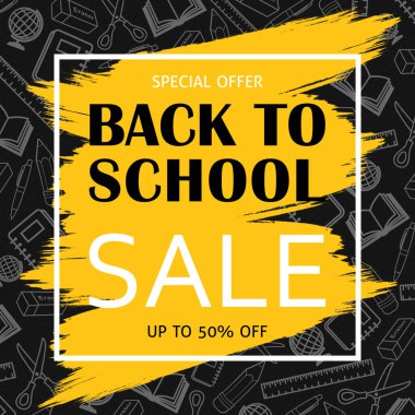 Back To School Sale Banner Background School Supplies Illustrations. School Supplies Drawings. School Themed Background. Blue And Grey Colors