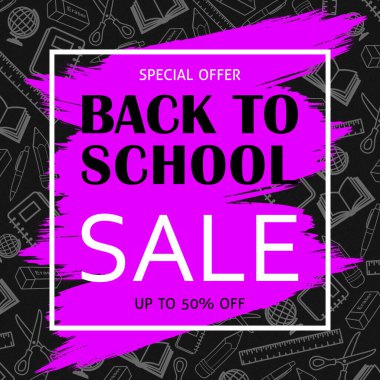 Back To School Sale Banner Background School Supplies Illustrations. School Supplies Drawings. School Themed Background. Blue And Grey Colors