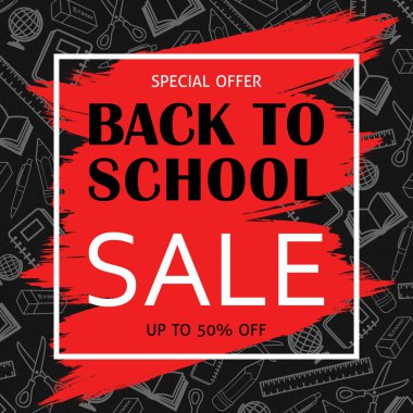 Back To School Sale Banner Background School Supplies Illustrations. School Supplies Drawings. School Themed Background. Blue And Grey Colors