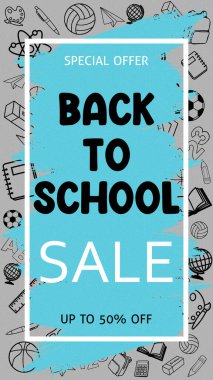 Back To School Sale Banner Background School Supplies Illustrations. School Supplies Drawings. School Themed Background. Blue And Grey Colors