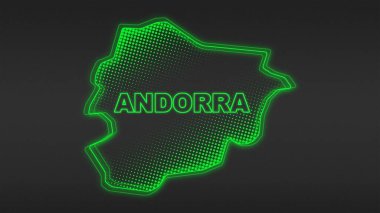 Neon Andorra Map Outline Futuristic Digital Glow Halftone Illustration