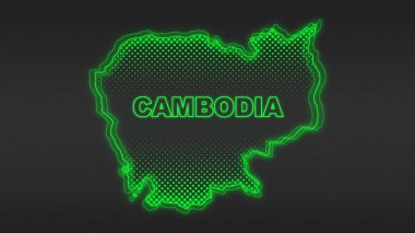 Neon Cambodia Map Outline Futuristic Digital Glow Halftone Illustration