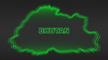Neon Bhutan Map Outline Futuristic Digital Glow Halftone Illustration