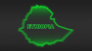 Neon Ethiopia Map Outline Futuristic Digital Glow Halftone Illustration