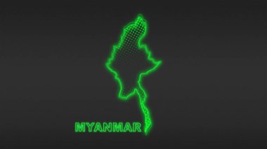 Neon Myanmar Map Outline Futuristic Digital Glow Halftone Illustration
