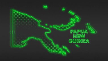 Neon Papua Yeni Gine Haritası Taslak Fütürist Dijital Parıltı YarıTonlama İllüstrasyonu