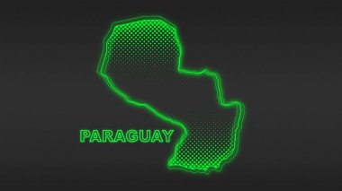 Neon Paraguay Haritası Taslak Fütüristik Dijital Işıltı YarıTonlama İllüstrasyonu