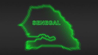 Neon Senegal Map Outline Futuristic Digital Glow Halftone Illustration