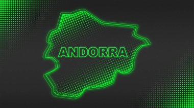 Neon Andorra Map Outline Futuristic Digital Glow Halftone Illustration