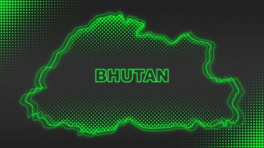 Neon Bhutan Map Outline Futuristic Digital Glow Halftone Illustration