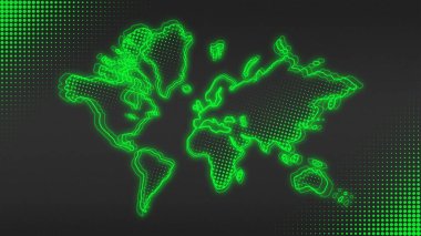 Neon World Map Outline Futuristic Digital Glow Halftone Illustration