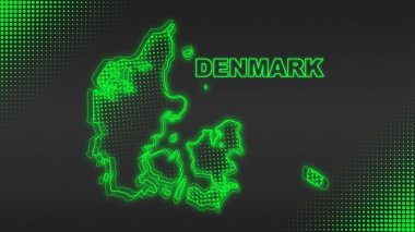 Neon Danimarka Haritası Fütüristik Dijital Parıltı YarıTonlama İllüstrasyonu