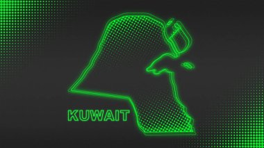 Neon Kuwait Map Outline Futuristic Digital Glow Halftone Illustration