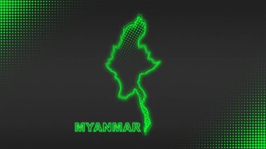 Neon Myanmar Map Outline Futuristic Digital Glow Halftone Illustration