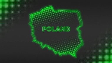 Neon Poland Map Outline Futuristic Digital Glow Halftone Illustration