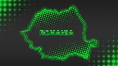 Neon Romania Map Outline Futuristic Digital Glow Halftone Illustration