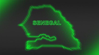 Neon Senegal Map Outline Futuristic Digital Glow Halftone Illustration