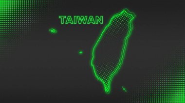 Neon Tayvan Haritası Taslak Fütürist Dijital Parıltı YarıTonlama İllüstrasyonu