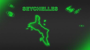 Neon Seychelles Map Outline Futuristic Digital Glow Halftone Illustration