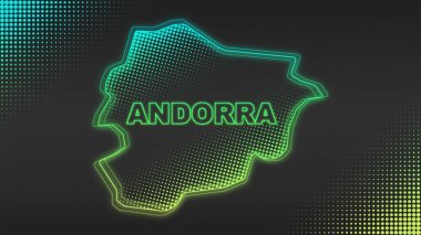 Neon Andorra Map Outline Futuristic Digital Glow Halftone Illustration