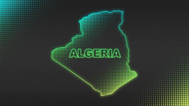 Neon Algeria Map Outline Futuristic Digital Glow Halftone Illustration