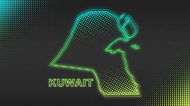 Neon Kuwait Map Outline Futuristic Digital Glow Halftone Illustration
