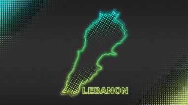 Neon Lebanon Map Outline Futuristic Digital Glow Halftone Illustration