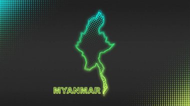 Neon Myanmar Map Outline Futuristic Digital Glow Halftone Illustration