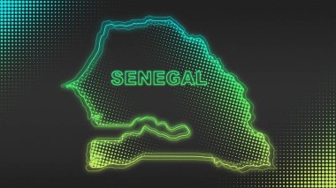 Neon Senegal Map Outline Futuristic Digital Glow Halftone Illustration