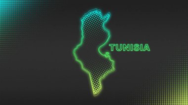 Neon Tunisia Map Outline Futuristic Digital Glow Halftone Illustration