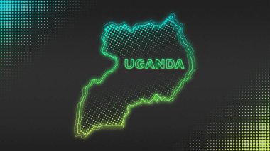 Neon Uganda Haritası Taslak Fütüristik Dijital Parıltı YarıTonlama İllüstrasyonu