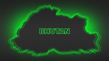 Neon Bhutan Map Outline Futuristic Digital Glow Halftone Illustration
