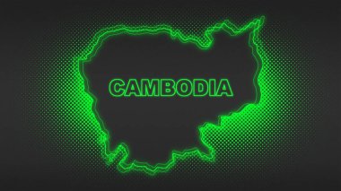 Neon Cambodia Map Outline Futuristic Digital Glow Halftone Illustration