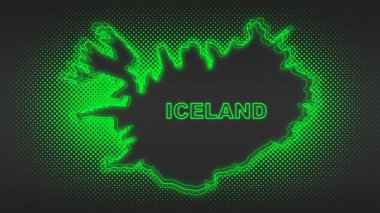 Neon Iceland Map Outline Futuristic Digital Glow Halftone Illustration