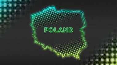 Neon Poland Map Outline Futuristic Digital Glow Halftone Illustration