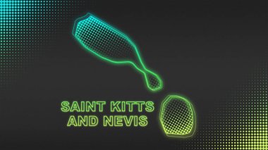 Neon Saint Kitts And Nevis Map Outline Futuristic Digital Glow Halftone Illustration