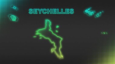 Neon Seychelles Map Outline Futuristic Digital Glow Halftone Illustration