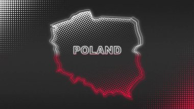 Neon Poland Map Outline Futuristic Digital Glow Halftone Illustration
