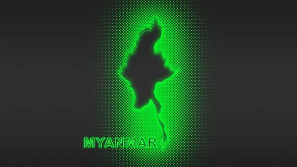 Neon Myanmar Map Outline Futuristic Digital Glow Halftone Illustration