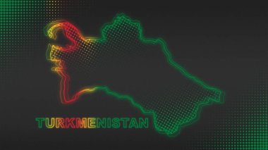 Neon Turkmenistan Map Outline Futuristic Digital Glow Halftone Illustration