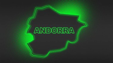 Neon Andorra Map Outline Futuristic Digital Glow Halftone Illustration
