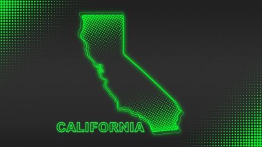 Neon Green California Haritası Fütürist Dijital Parıltı Yarıtonlama İllüstrasyonu