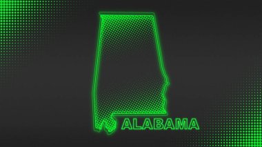 Neon Yeşil Alabama Haritası Fütürist Dijital Parıltı Yarıtonlama İllüstrasyonu