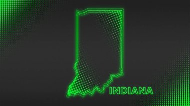 Neon Green Indiana Haritası Taslak Fütürist Dijital Parıltı YarıTonlama İllüstrasyonu